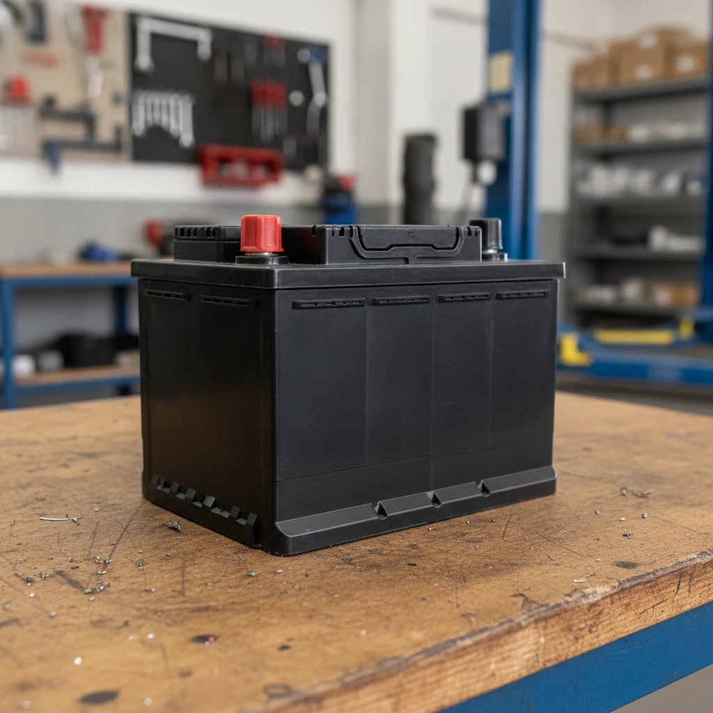 A 12V van battery on a workshop bench, viewed from the side