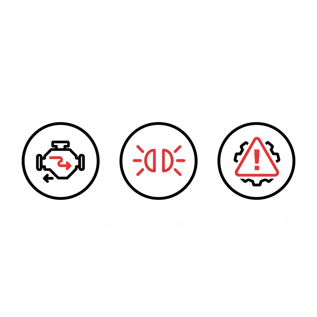 Icon set representing signs of a failing van battery: slow crank, dim lights, warning indicator