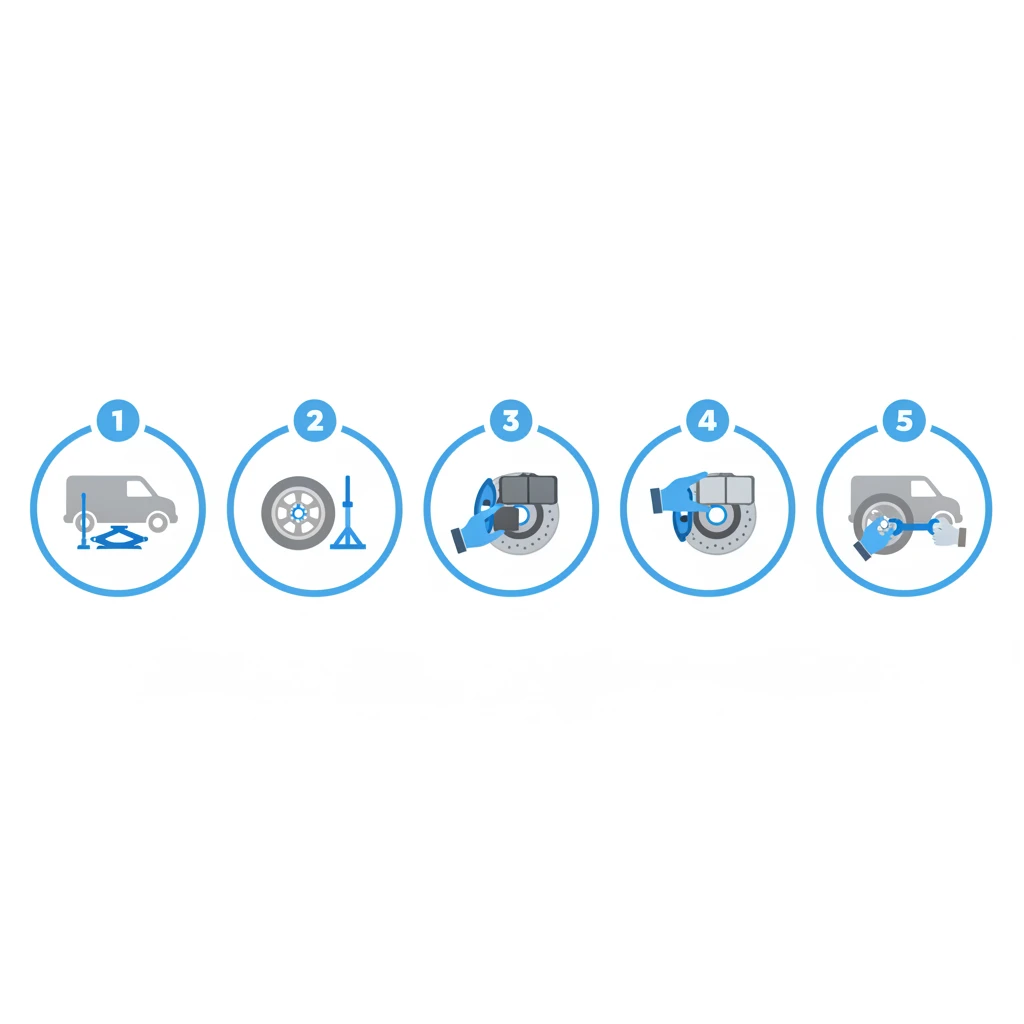 Five-icon infographic summarising the stages of a Mercedes Vito brake pad replacement
