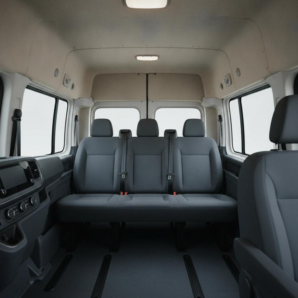 Interior of a crew van showing the two-row six-seat cabin layout