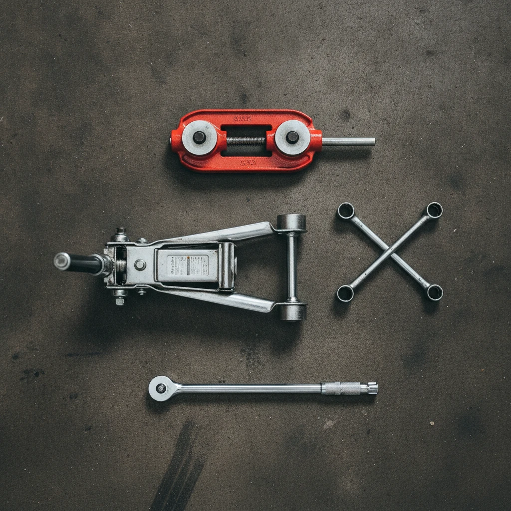 Flat lay of tools needed to change Mercedes Vito brake pads: jack, wrench, piston compressor, torque wrench