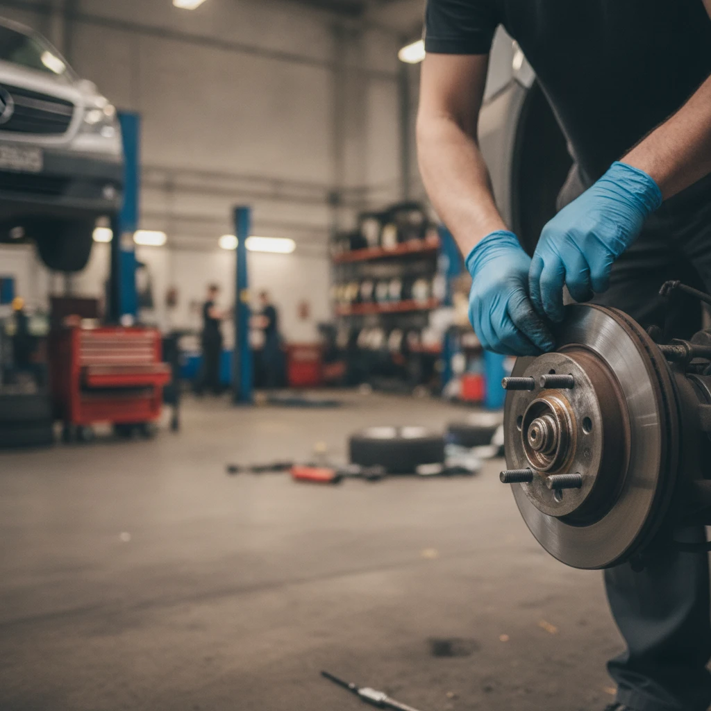 Gloved hands working at an open van wheel hub during a brake pad replacement