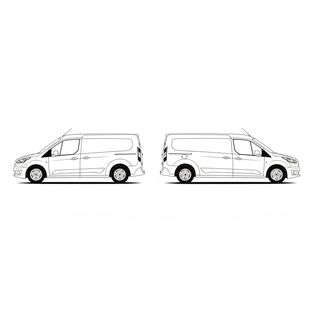 Side-by-side silhouette comparing the short-wheelbase and long-wheelbase Ford Transit Connect