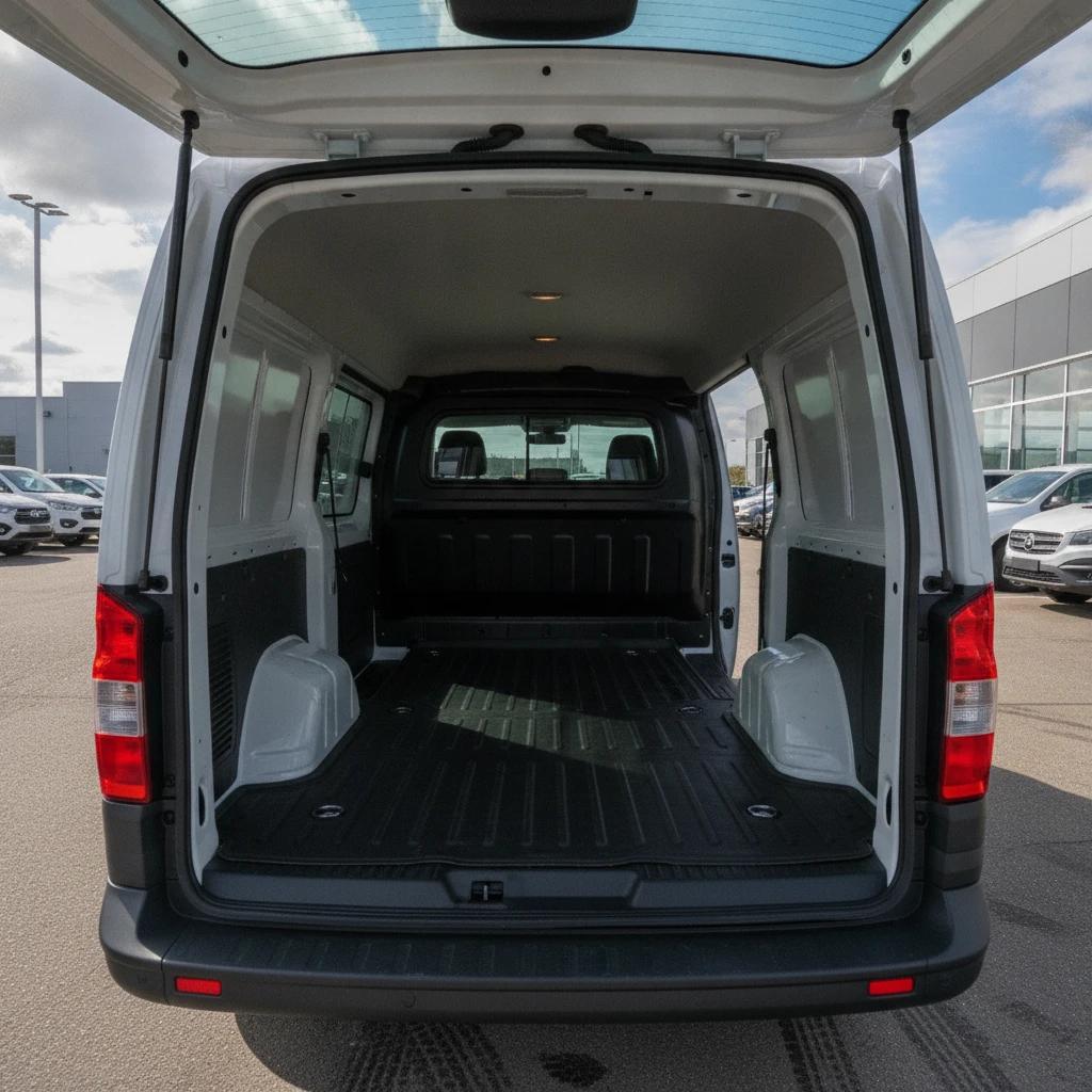 Rear load area of a crew van viewed through the open tailgate, behind the second row of seats