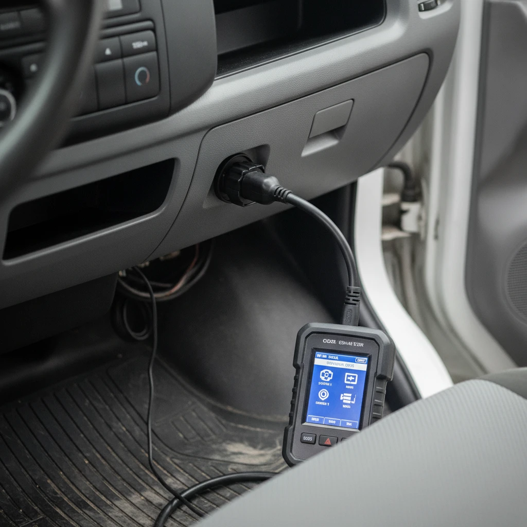 OBD2 diagnostic scanner connected to a van diagnostic port under the dashboard