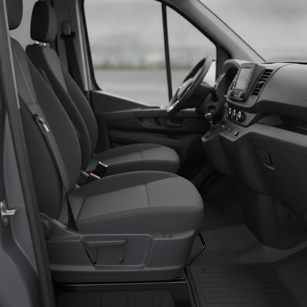 General view of a van driver seat and seat belt buckle