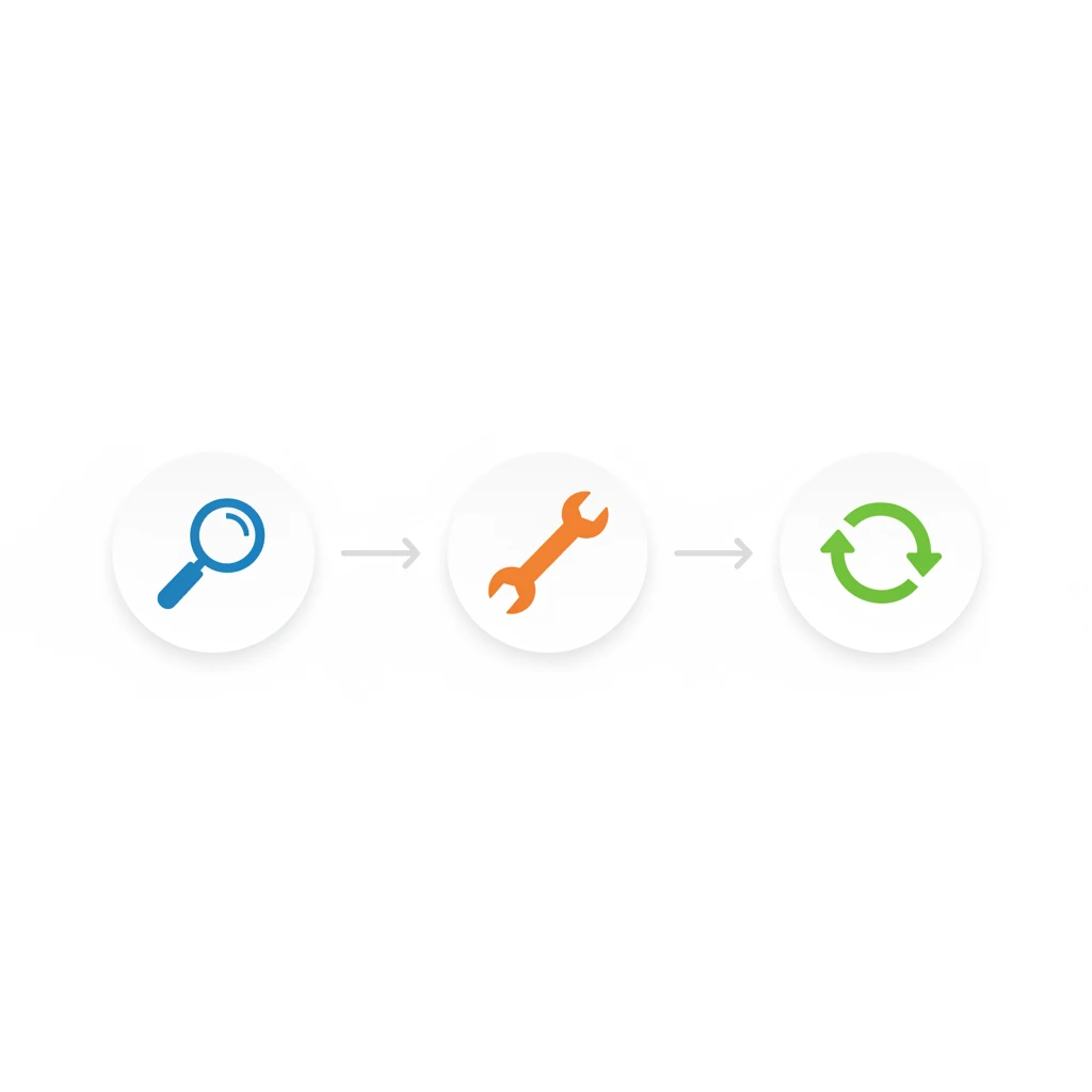 Three-icon flow diagram representing diagnose, fix and reset stages for an airbag warning light