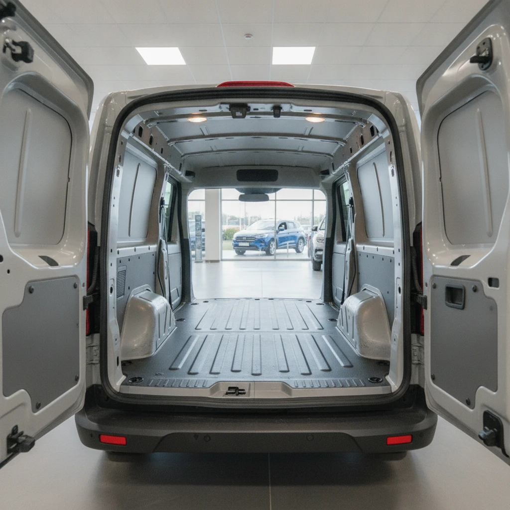 Interior view of the empty Ford Transit Connect load area seen through the open rear doors