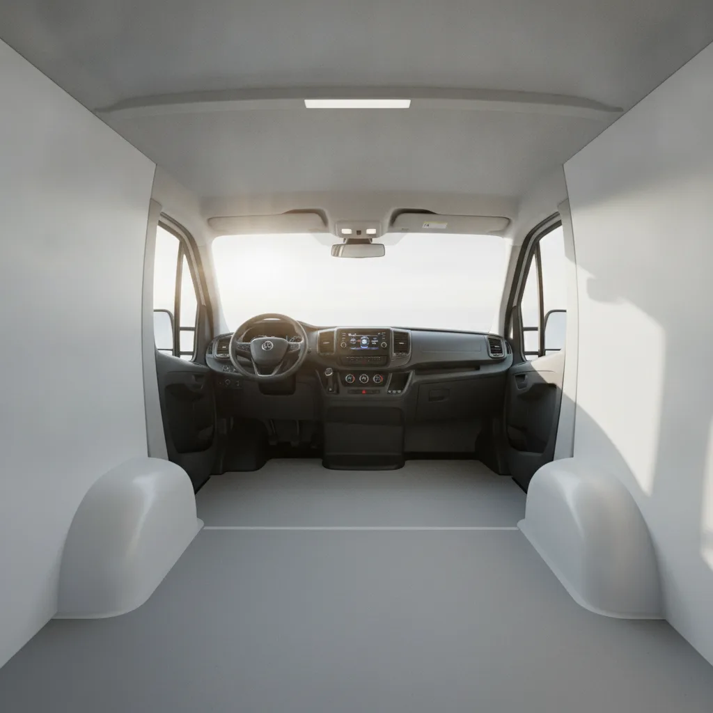 The open cabin space of an id buzz camper showing the flat floor layout ready for conversion cabinetry.