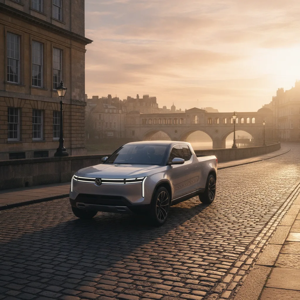 A modern vehicle parked in a city street represents the emerging UK market for pickup electric trucks.